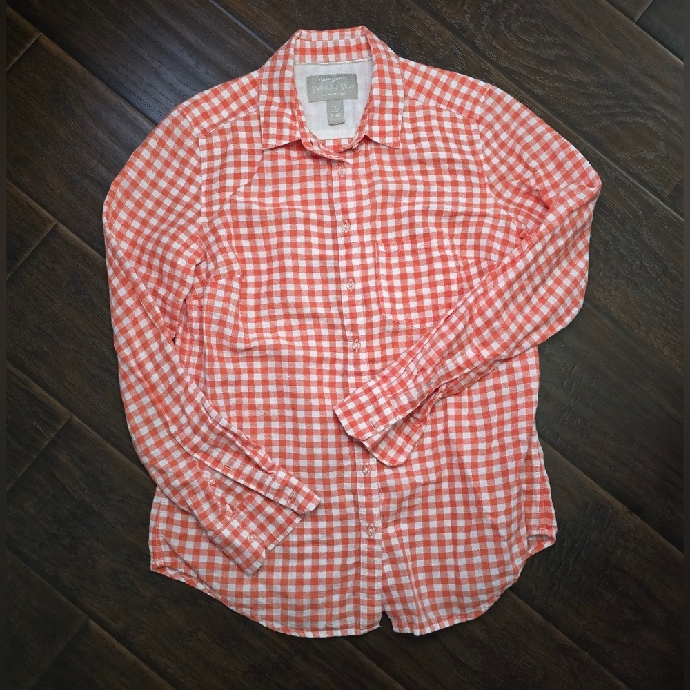 Banana Republic Womens Soft Wash Shirt Red Checkered Linen Long Sleeve Top Small